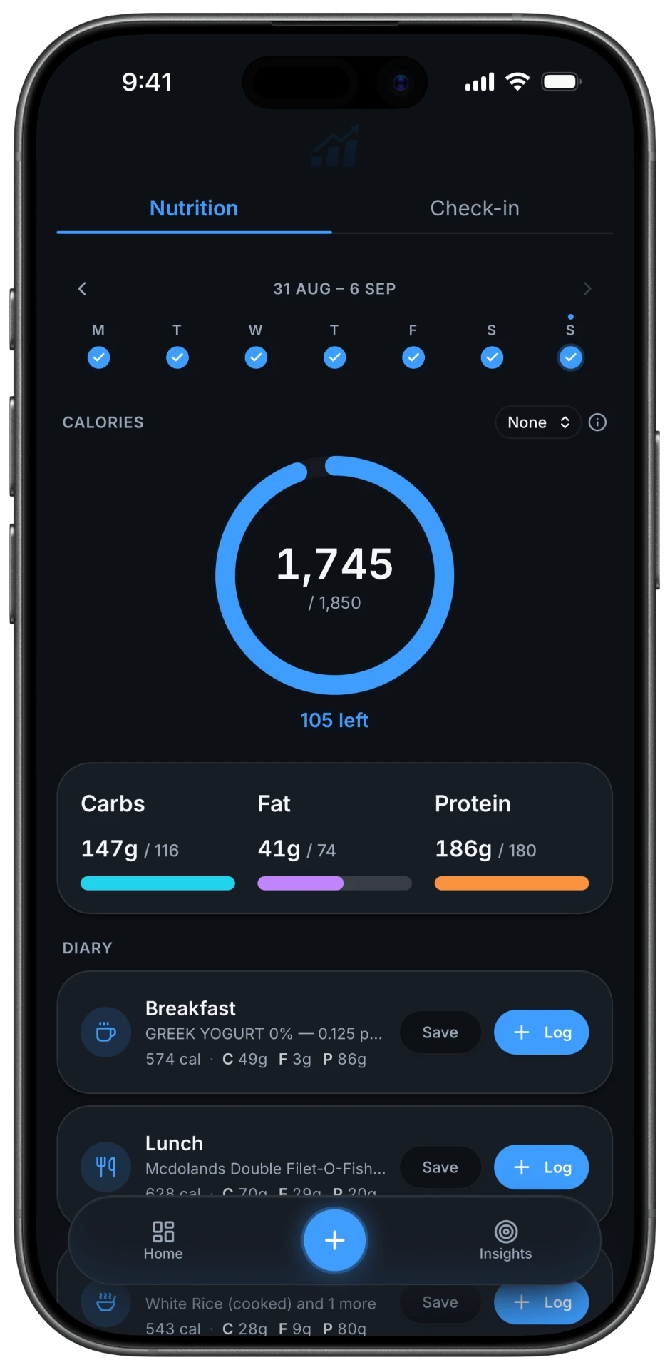 FitIntel Nutrition screen showing calories and macros.