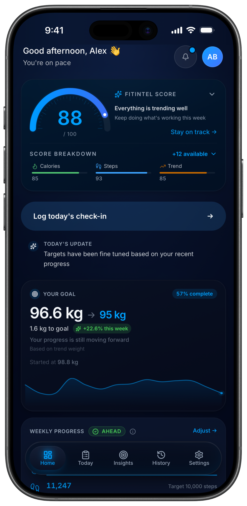 FitIntel dashboard showing a weekly weight trend, adaptive calorie ring, and step activity.