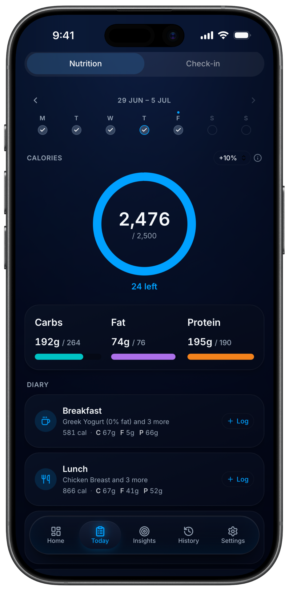 FitIntel Nutrition screen showing calories and macros.