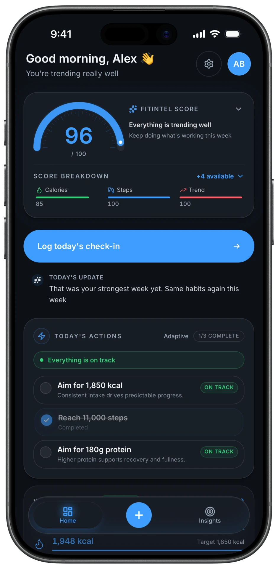 FitIntel Home screen showing the FitIntel score, daily progress and today's actions.